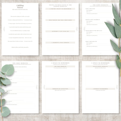 Six pregnancy journal Moments collection pages with prompts for uplifting moments, early memories, and grounding reflections, displayed on linen with eucalyptus.