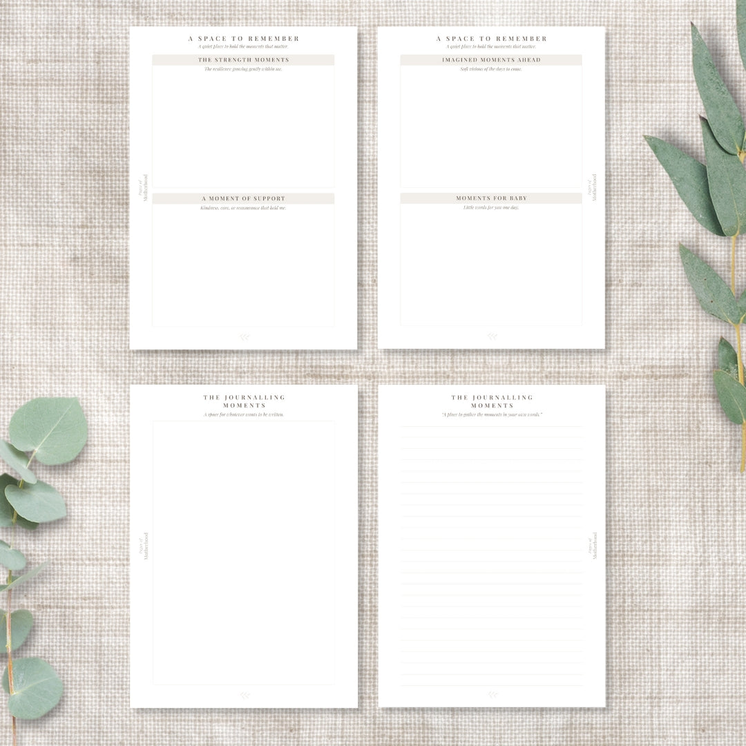 Four pregnancy journal Moments pages showing reflection prompts and memory-keeping spaces, styled on a linen background with eucalyptus.